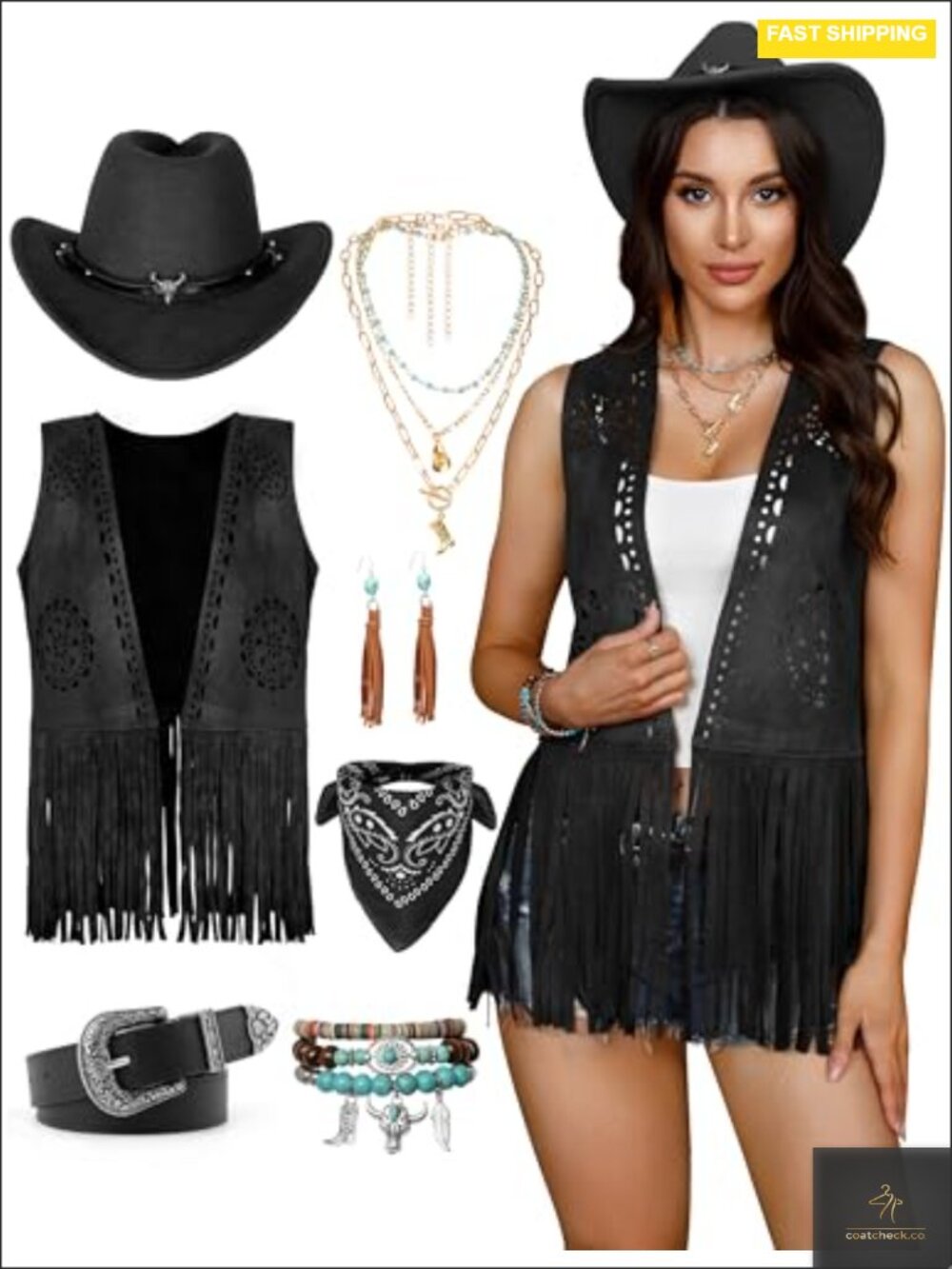 Cowgirl Costume Set with Faux Suede Fringe Vest, Hat, Accessories